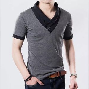 YTD 100% Cotton Mens Casual V-Neck Button Slim Muscle Tops Tee Short Sleeve